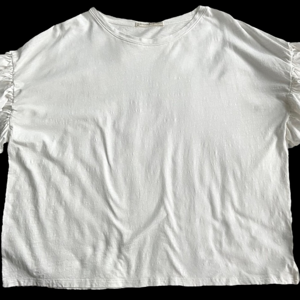 Peruvian Connection Ruffled Short Sleeve Off White Cotton Tee Shirt Size…